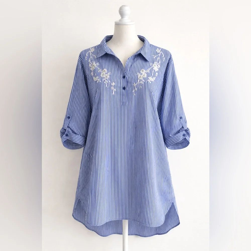 MlleGabrielleโ 3X Blue Striped Embroidered Tunic Boho Casual Romantic Casual
